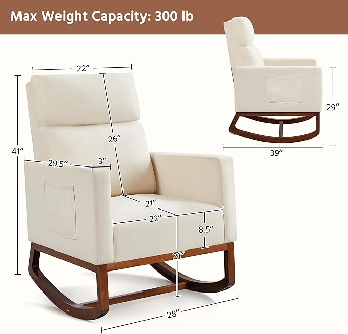 Yaheetech Rocking Living Room Chair Upholstered Glider Chair with Side Pocket Modern Accent Chair with High Back Comfy Armchair for Living Room Bedroom Lounge Nursery Beige