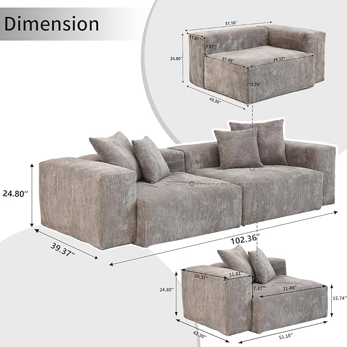 Sectional Couches for Living Room102inch Cloud Couch Modular Sectional SofaModern Corduroy Couch Love SeatCushion Covers Removable&amp Washable (Brown)
