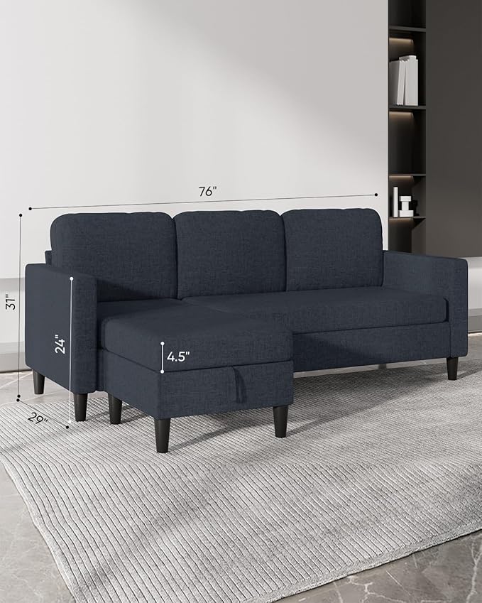 76 Inch L Shaped Sectional Sofa Modern 3 Seater Couch with Storage Ottoman Linen Convertible Sectional L Shape Couches for Living Room Apartment and Small Space