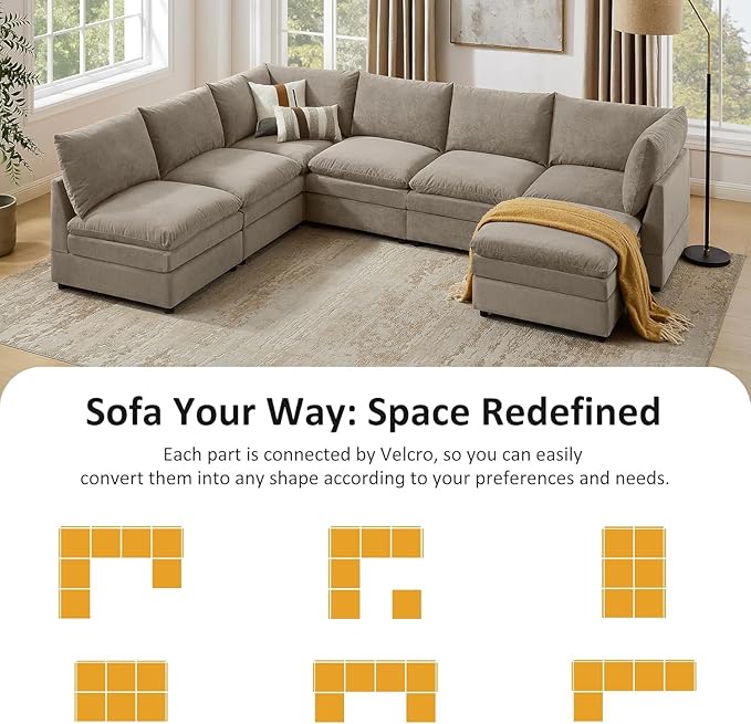 VANOMi 98 L Shape Modular Sectional Cloud Sofa Couches Convertible Sleeper Sofa with Thick Cushion Movable Ottoman for Bedroom Apartment Upholstered Comfy Living Room Sofa Set Taupe