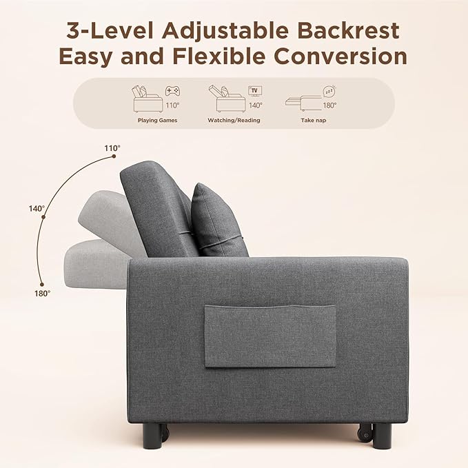 Aiho 58 Sleeper Sofa Bed Pull-Out Couch with Adjustable Backrest and Side Pocket for Living Room (Dark Gray)