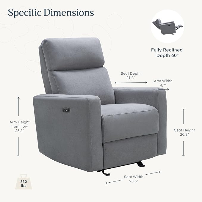 Nurture&amp The Glider Premium Power Recliner Nursery Glider Chair with Adjustable Head Support | Designed with a Thoughtful Combination of Function and Comfort | Built-in USB Charger (Gray)