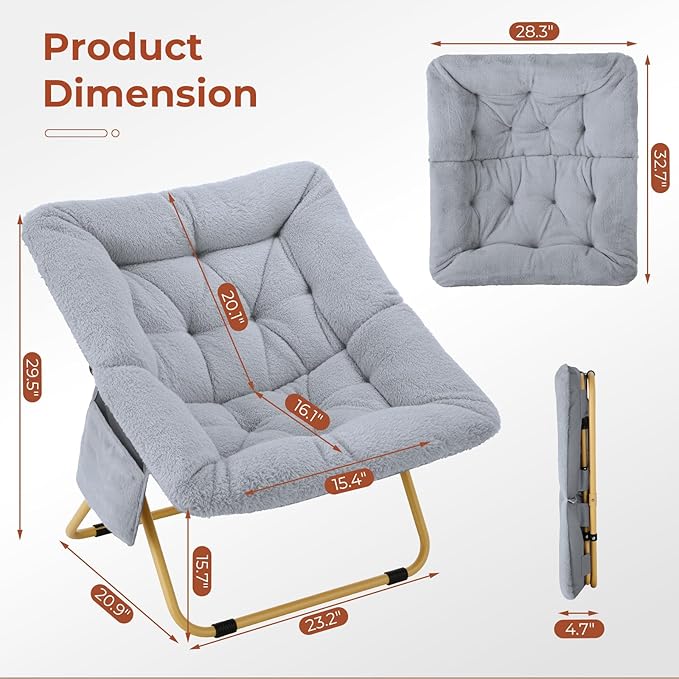 TLSUNNY Comfy Saucer Chair Oversized Foldable Lounge Lazy Chair Soft Faux Fur Reading Chair for Teens Adults Stable Metal Frame Moon Chair for Living Room Bedroom Dorms Office X-Large (Gray)