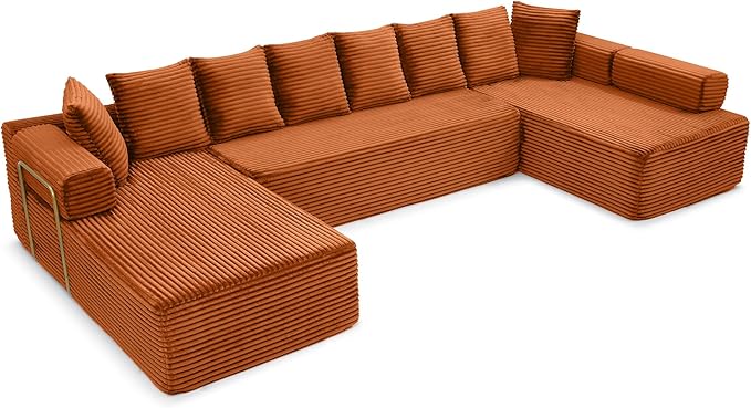 145 inch Modern Sectional Couch for Living Room Oversized Cloud Boneless Couch with Freely Movable Armrest and Fixed-Shape Frame Orange Modular Sofa U Shape Couches | No Assembly Required Free Comb