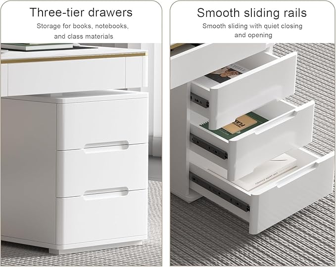 Executive Desk with Drawers White Computer Desk with Drawers with Tempered Glass Top &amp Marble Pattern 47 inch Modern Home Office Desk with Charging Station for Study Living Room Bedroom