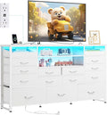 WLIVE White TV Stand for 55 60 65 inch TV Entertainment Center with LED Lights &amp Charging Station TV Media Console Table with 15 Fabric Drawers and Open Shelves for Living Room Hallway Wood