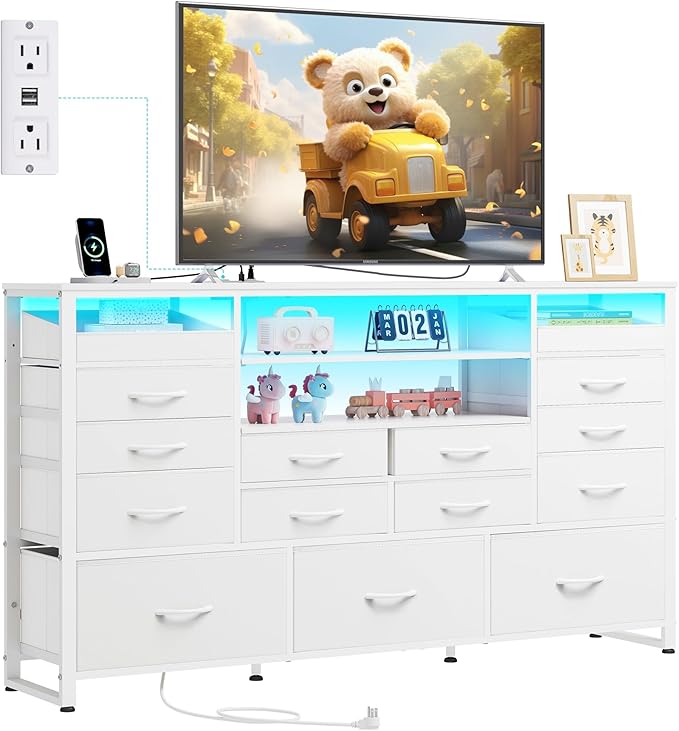 WLIVE White TV Stand for 55 60 65 inch TV Entertainment Center with LED Lights &amp Charging Station TV Media Console Table with 15 Fabric Drawers and Open Shelves for Living Room Hallway Wood