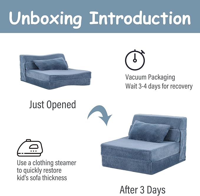 Tiita Convertible Folding Kids Sofa Bed with Pillow &amp Storage Bag Plush Fabric Floor Mattress Couch Bed Washable Cover Kids Room Playroom Dorm Apartment Blue Grey