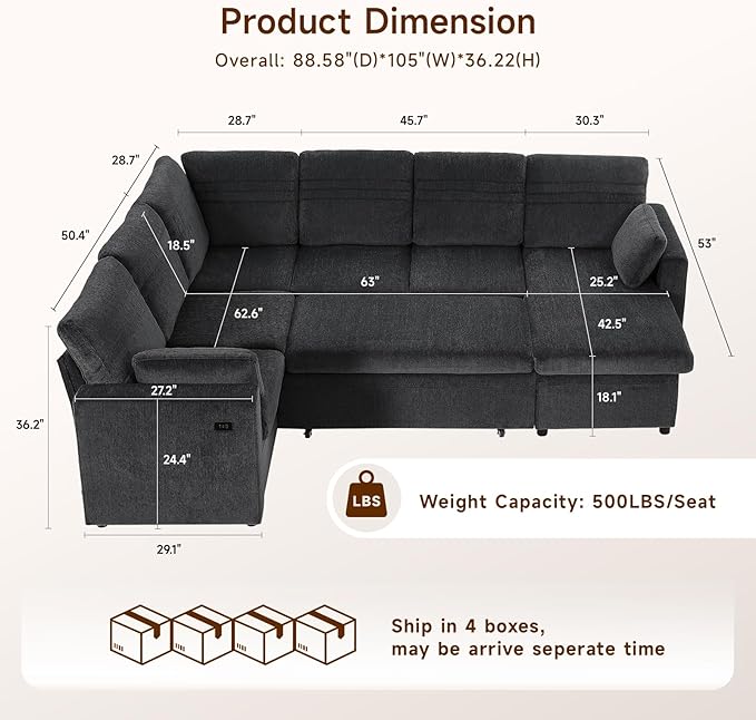 ONBRILL 105 Modular Sectional Sleeper Sofa with Pull Out Bed6 Seat Sectional Sleeper Sofa with Storage ChaiseUSB PortsModern U-Shaped Couches for Living RoomTool-Free AssemblyChenilleBlack