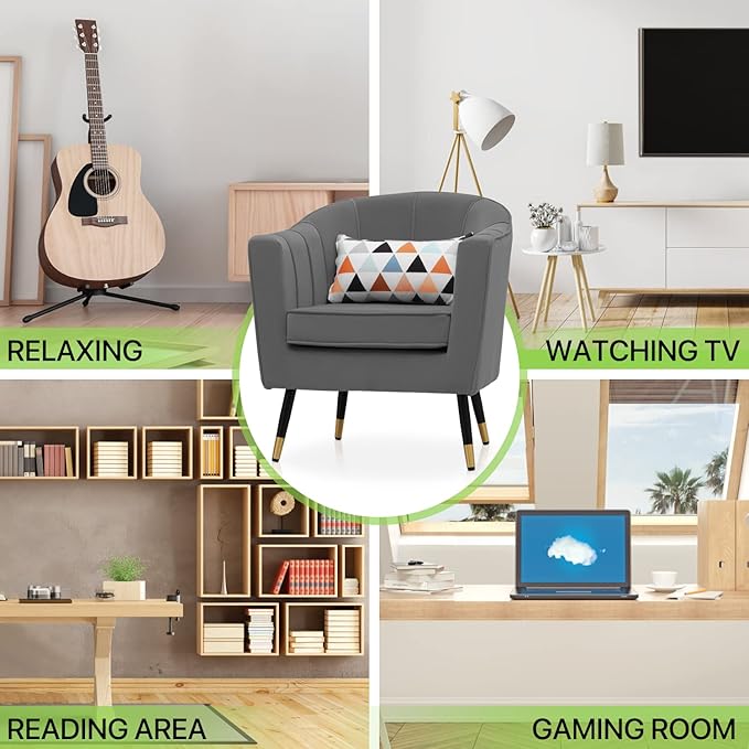 Magshion Barrel Accent Chair with Lumbar Pillow Modern Upholstered Armchair Ergonomic Single Sofa Chair for Living Room Bedroom Office 550 lbs Capacity - Gray