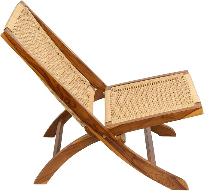 TeakCraft Teak Rattan Lounge Chair – Foldable Handcrafted Solid Wood Accent Chair with Woven Seat – Mid-Century Modern Recliner for Indoor &amp Outdoor Use The Ediz