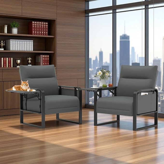 Faux Leather Accent Chair Upholstered Armchair with Side Tray &amp Pocket Comfy Reading Chair for Living Room Bedroom Guest Room Gray