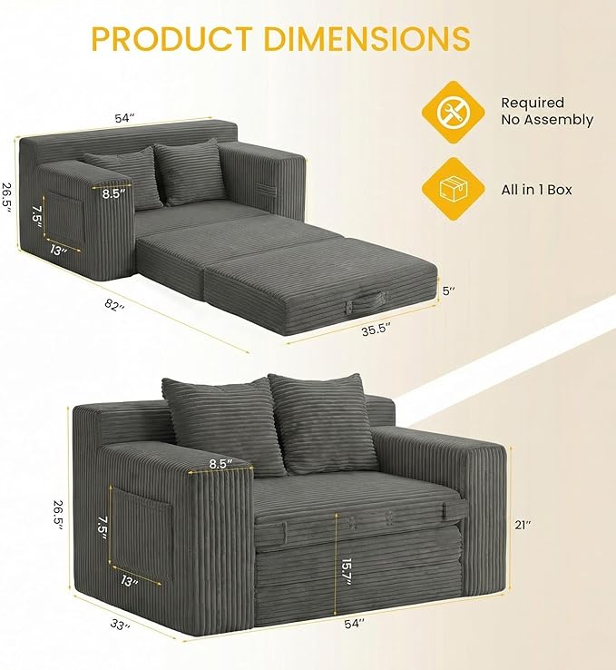 Boneless Loveseat Sleeper Sofa Bed: 3-in-1 Convertible Sofa Bed with Side Pockets &amp HandlePull Out Couch with 2 PillowsFolding Futon for Small SpaceLiving Room &amp BedroomCorduroy FabricNo