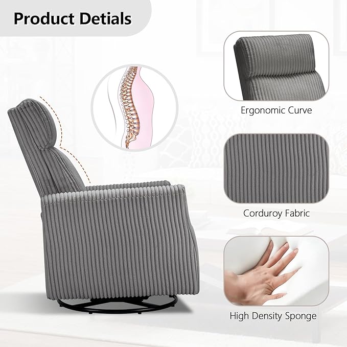 CANMOV Swivel Rocker Chair Set of 2 Swivel Accent Chair with High Back and Arms Corduroy Glider Chair for Living Room Bedroom Nursery Grey