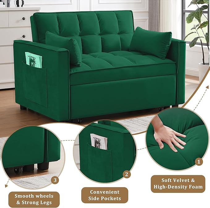 3-in-1 convertible sofa bed double sofa bed with pull-out bed side pockets and adjustable backrest suitable for living rooms apartments and offices velvet fabric recliner sofa bed. (green 53.5)