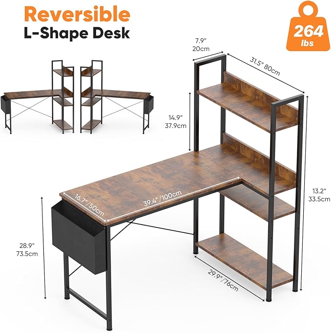 DUMOS L Shaped Desk Corner Computer Table 47 Inch L-Shaped Gaming Desks with Storage Shelf Reversible Wood Tables with Side Bag Adjustable Feet for 2 Monitors Small Space Home Office Bedroom Brown