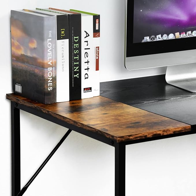 FurnitureR 47.2 inch Study Writing Table with Storage Shelves Space Saving for Home Office Modern Simple Style PC Metal Frame Computer Desk Black&ampBrown