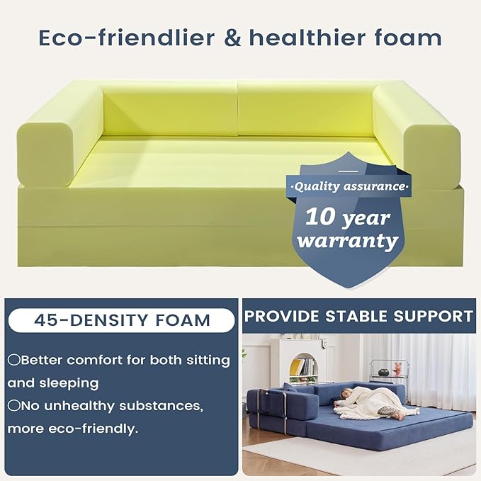 Convertible Sleeper Sofa Bed Corduroy Upholstered Green Modular Floor Couch Queen/King Size Foldable Futon with Memory Foam for Apartment Living Room Bedroom (Off White) (Blue 80.15) | Convertible s