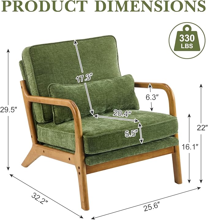 Karl home Mid Century Modern Accent Chair with Lumbar Pillow &amp Oak Arms – Plush Chenille Living Room Chair for Bedroom Lounge (Olive Green)