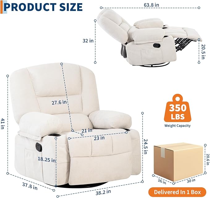 Oversized Wide Recliner Chair-Heat and Vibration Massage 360° Swivel Rocker Chair for AdultsChenille Fabric Manual Recliner with Cup Holders &amp Side Pocket for Living Room BedroomWhite