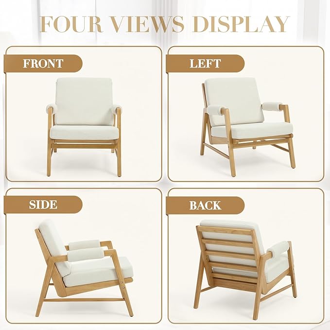 CIMOTA Mid Century Modern Accent Chair Set of 2 Linen Upholstered Living Room Chairs with Arms Comfy Reading Chair with Solid Wood Frame High Back for Bedroom Waiting Room Office Beige