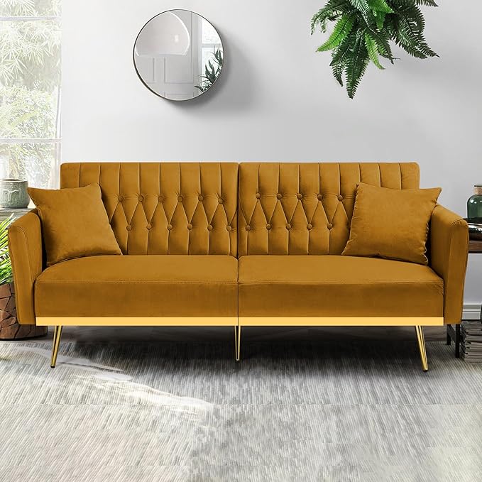 70” Velvet Futon Sofa Bed with 2 Pillows and Adjustable Armrests Convertible Sleeper Bed W/Adjustable Backrests Modern Loveseat for Living Room Bedroom Ginger
