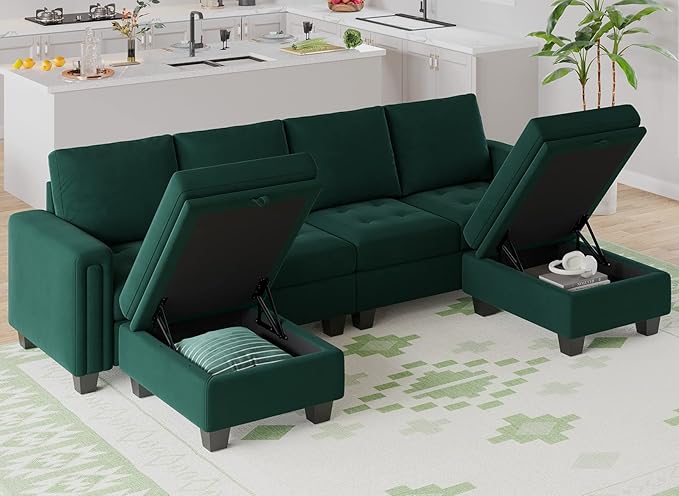 Belffin Velvet U Shaped Sectional Sofa Couch with Storage Ottoman Convertibel Sectional Sofa with Reversible Chaises Green