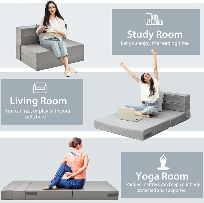 Giantex 6 Inch Folding Sofa Bed Couch with Pillow Tri-fold Mattress with High-Density Foam Foldable Floor Couch with Headrest Portable Guest Bed with Zippered &amp Washable Cover Grey