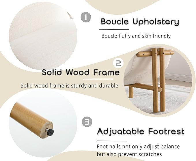 EALSON Modern Accent Chair with Ottoman White Boucle Upholstered Seater with High Backs Unique Design Wood Frame Armless for Living Room/Bedroom Reading/Office Use