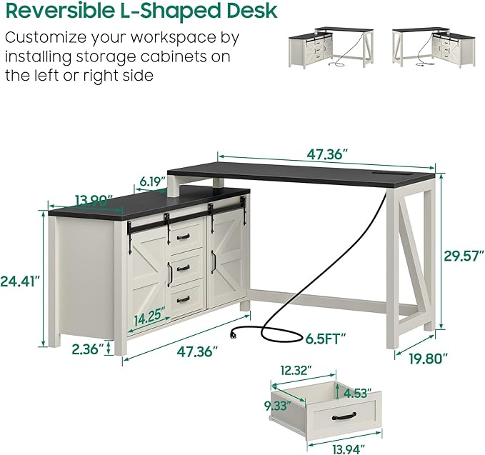 Executive L Shaped Office Desk with Drawers Farmhouse Corner Desk for Home Office with Storage Cabinet Computer Desk with Charging Station Reversible Study Writing Table Workstation Rustic White