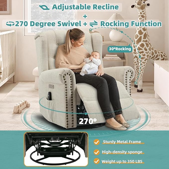 MEETWARM Power Swivel Rocking Glider Recliner Chair with Heat and Vibration Electric Rocker Nursery Reclining Chair Wingback Tufted Upholstered Recliner w/Type-C &amp USB Ports for Living Room (Bei
