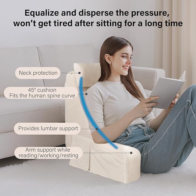 ENITYA 19 Back Pillow for Bed Sitting up Big Pockets and Washable Removable Cover Reading Chair for Watching TV/Reading/Gaming/Resting in Bed Couch or Floor Medium(Ivory)