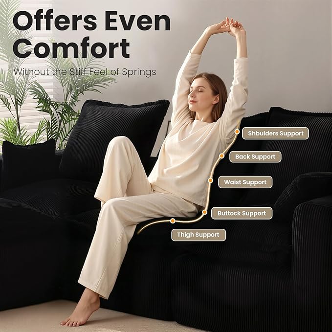 DOPEDIO 107 Cloud Modular Sectional Sofa with Ottoman &amp L-Shaped Chaise Deep Seat Boneless Couch in a Box for Living Room Upholstered Comfy Sofa No Assembly RequiredBlack