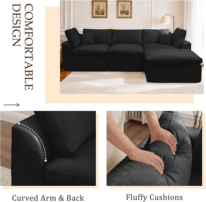 112 Cloud Sectional Couches for Living Room Modern Modular Sectional Sofa with Ottoman Boneless Cloud Couch with Comfy Deep Seats Fluffy Chenille L-Shape Sofa Couch for Living Room Black