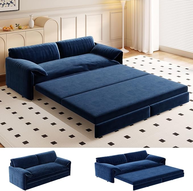 Newfun 66 Futon Sofa Bed 3 in 1 Convertible Sleeper Sofa with Side Storage Velvet Loveseat Bed Pull Out Sofa Bed for Living Room Small Space Bedroom Studio (Blue)