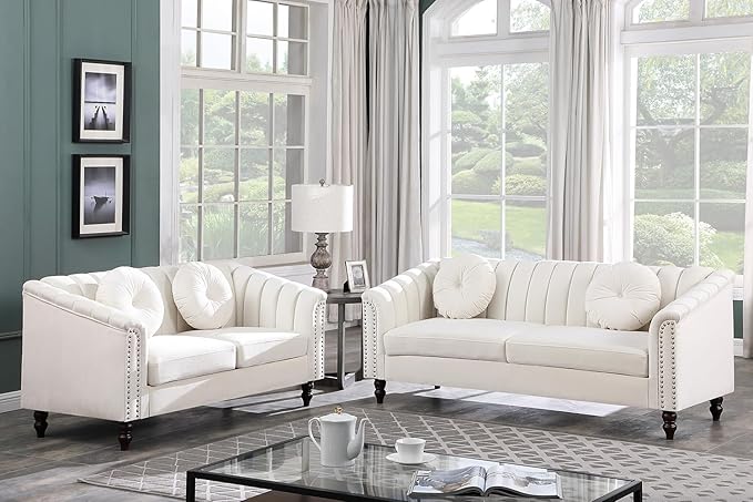 Chesterfield Sofa Set Luxurious Velvet Chesterfield Settee Couch SetSofa and Loveseat SetUpholstered Rolled Arm with Rivets/4 Button Tufted Pillow Modern Sofa Living Room SetWhite