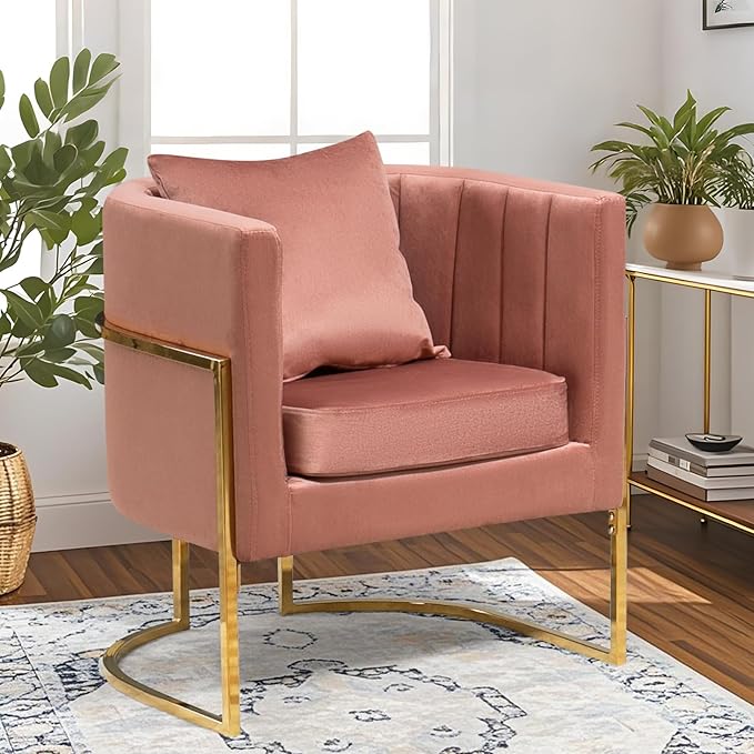 Velvet Modern Accent Chair Upholstered Barrel Armchair Mid Century with Pillow for Living Room Comfy Single Vanity Chair with Metal Gold Legs for Bedroom Pink
