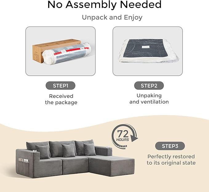 WELAX 104 Modular Sectional Couches for Living Room Boneless Couch L-Shape with Cup Holders &amp Pillows Modern Corduroy Cloud Sofa 4 Seater Home Comfy Sofas for Bedroom Grey