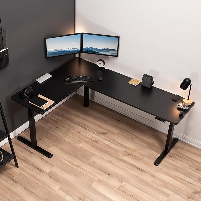 VIVO Electric Height Adjustable 83 x 60 inch Corner Stand Up Desk 2 Light Wood Solid Table Tops Black Frame Memory Controller L-Shaped Workstation 3E Series DESK-KIT-3E8BC