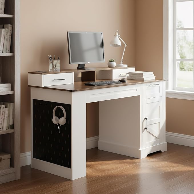 55 Farmhouse Computer Desk with Power Outlets Removable Monitor Stand with Drawers Convertible Keyboard Tray &amp Storage Cabinet Home Office Writing Desk with Pegboard Organizer
