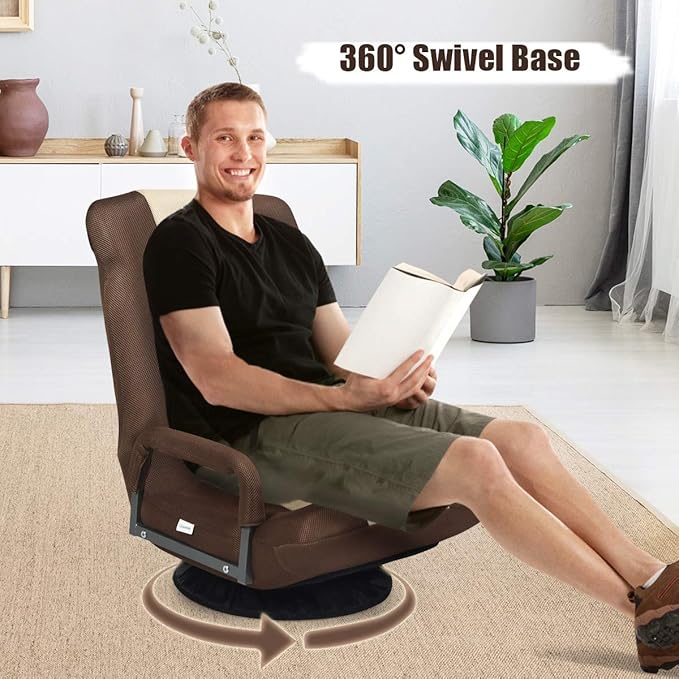 Giantex Floor Chair with 360 Degree Swivel Base Adjustable Backrest Lumbar Support Armrest Foldable Lazy Sofa Rocker for TV Reading Playing Video Games Gaming Chair Floor Beige/Brown