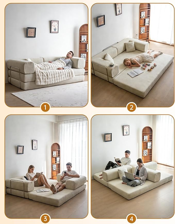 No Assembly Convertible Sofa Bed &amp 79 Boneless Couch with Pocket  5-in-1 Futon Sofa Bed with 2 Pillows Modular Pull Out Couch Bed with FrameCompression in Box for Living Room Small Spaces Beige