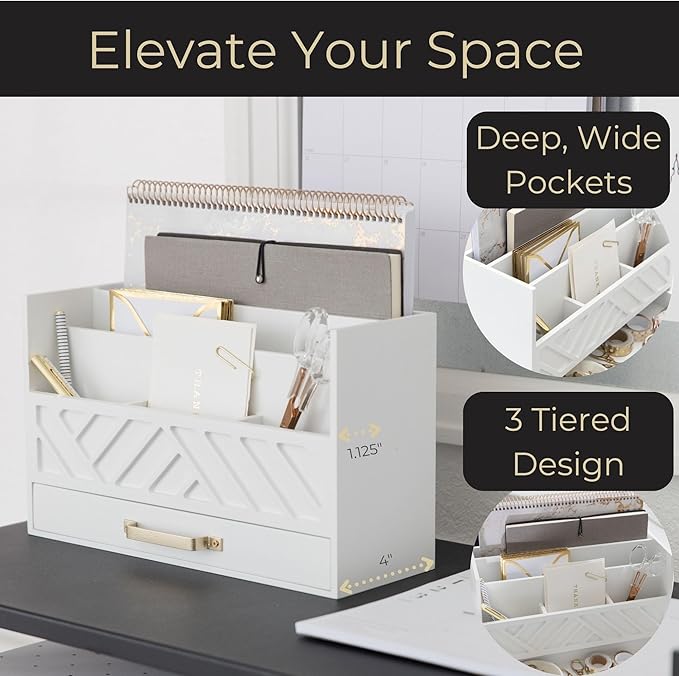 BLU MONACO | White Wooden Mail Organizer with Drawer &amp Gold Handle | Mail Sorter Organizer Countertop | Tabletop Organizer with Drawers &amp Outgoing Mail Holder