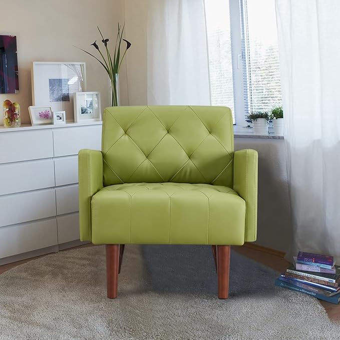 PU Leather Accent Chair Mid Century Modern Armchair for Living Room Reading Tufted Chair Single Sofa High-Density Foam Cushion Solid Wood Legs for Home Bedroom Office Reception(Green)