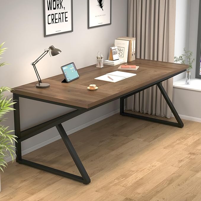 HSH Large Home Office Desk Modern Wood Metal Computer Desk for Two Person Extra Long Executive Writing Study Gaming Double Desk Workstation 70 Inch Rustic Bedroom Living Room Table for 2 Monitors