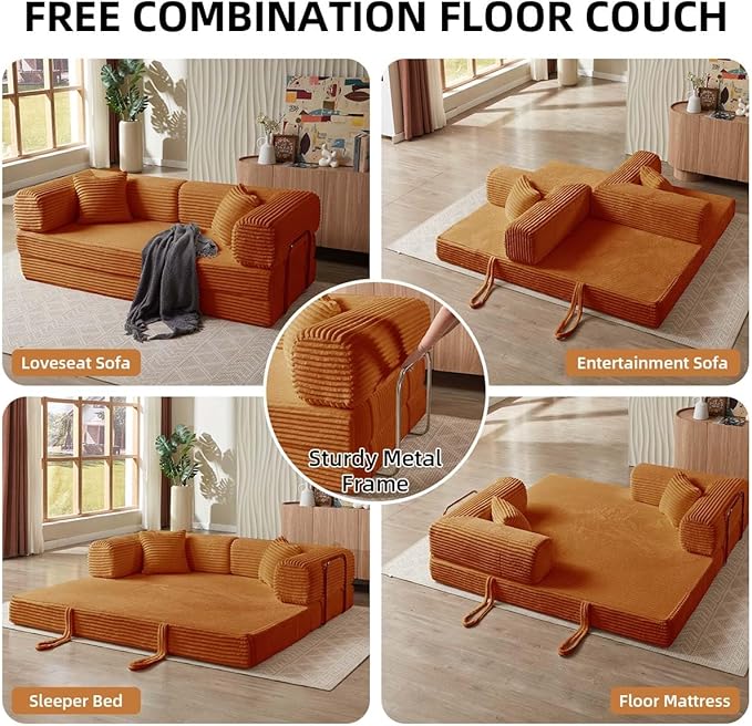 Convertible Folding Sofa BedFold Out Floor Sofa Couch with Fixed-Shape FrameCorduroy Foldable Mattress Cloud Couch for Living Room Bedroom (Orange 81 Inch)