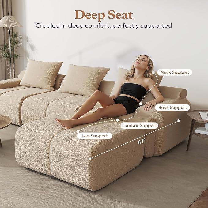 114 Cloud-Loaf Modular Sectional Sofa with Ottoman Modern Boucle Cloud Couch for Living Room 67 Deep Seat L-Shaped Sofa Set Boneless Comfy Memory Foam Couches No Assembly Beige | Modular Design