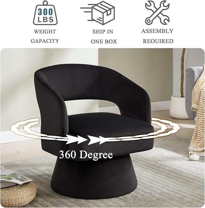 360 Degree Swivel Barrel Chair for Living Room Black Velvet Accent Armchair with Open Back Modern Comfy Reading Chair for Bedroom Cloud Boho Chairs for Office Club Lobby (Black)