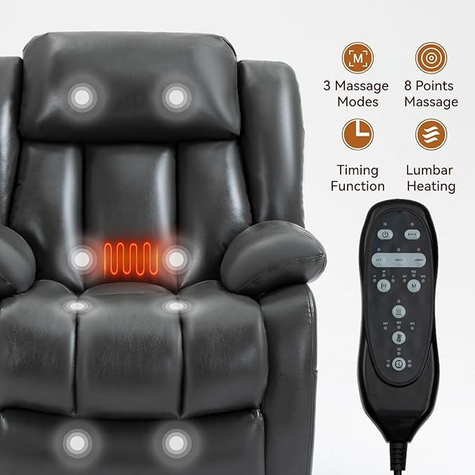 KEIKI Oversized Recliner Chair Electric Dual Motor Lift Leather Recliner for Elderly Synthetic Leather Upholstery with Infinite Position and Back Massager with Heat Rocking Lounge Chair Grey