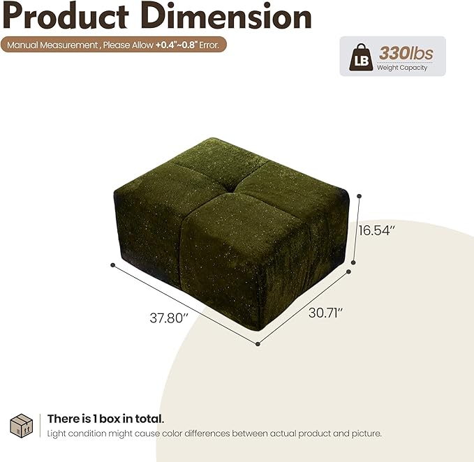 38 Plush Corduroy Ottoman Upholstered Cloud Ottoman for Boneless Couch in A Box Compressed Memory Foam Footrest No Assembly Require Green